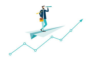 One Businessman standing holding binoculars on a paper plane flying up into the sky while flying above a arrow graph. business finance success. leadership. startup. creative idea. Vector