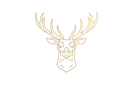 Deer head with huge antlers silhouette linear vector illustration.