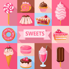 set of pink sweet food for candy shop. Donut, ice cream, muffin, milkshake, macaroon and candies with pink and chocolate topping.Vector illustration Vector illustration for your design.