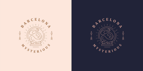 Hands of fortune teller and crystal ball logo template silhouette linear vector illustration