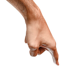 Male caucasian hand touching or pointing to something isolated on white background.