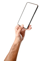 Male caucasian hand holding phone isolated on white background.