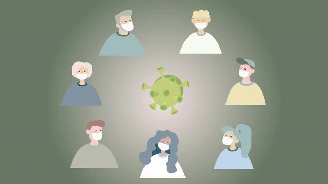 Cartoon people icons over green virus background in 4k video.