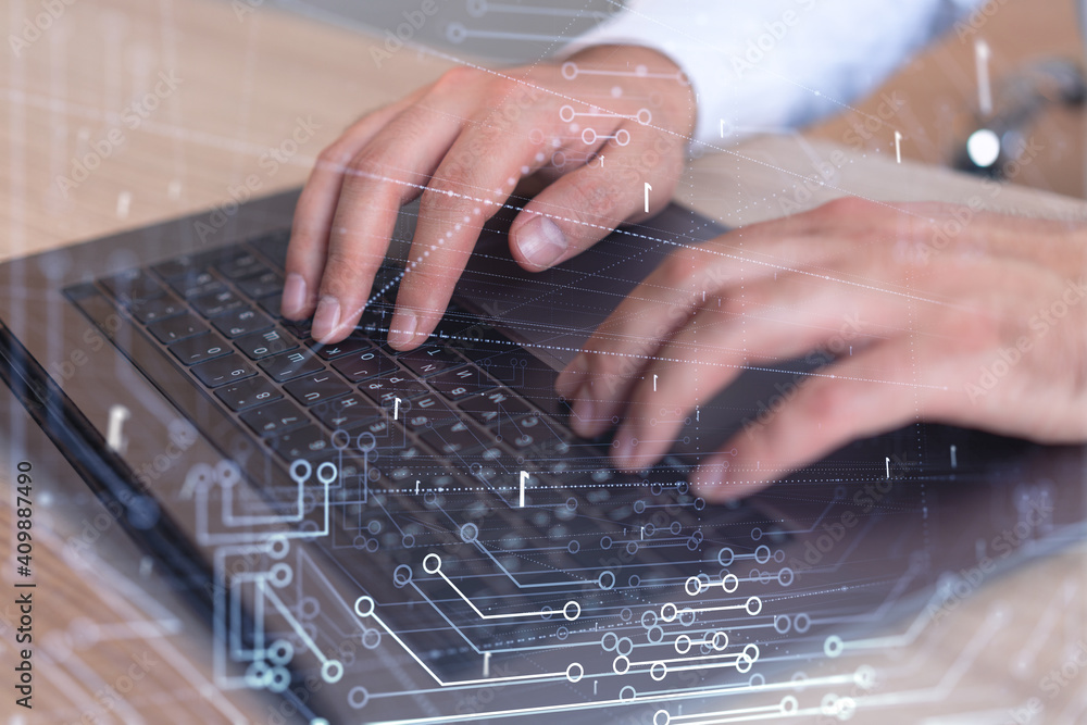 Poster hands typing the keyboard to create innovative software to change the world and provide a completely