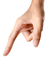 Male caucasian hand touching or pointing to something isolated on white background.