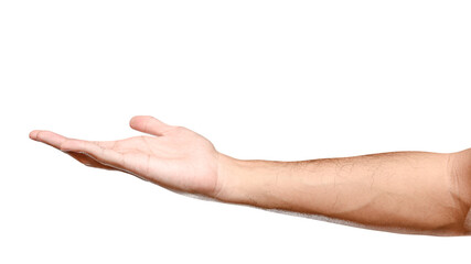 Male caucasian hand reach and ready to help or receive. Gesture isolated on white background.