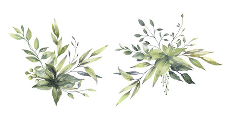 Watercolor floral illustration set - green leaf branches bouquets collection, for wedding stationary, greetings, wallpapers, fashion, background. Eucalyptus, olive, green leaves, etc. High quality