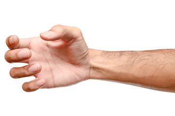 isolated of male caucasian hand holding something like a bottle or can.