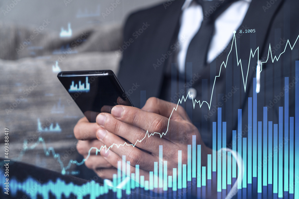 Poster trader holding in the hands a smart phone and researching stock market to proceed right investment s