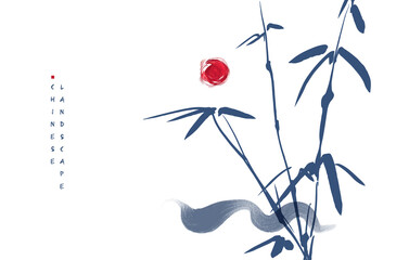 Chinesische Tusche gemalter Hintergrund mit Bambus und Sonne. China-Traum © feaspb