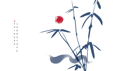 Chinesische Tusche gemalter Hintergrund mit Bambus und Sonne. China-Traum © feaspb