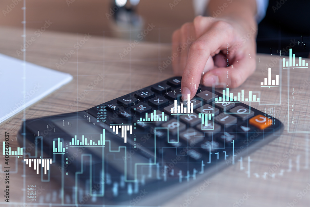 Poster a woman trader computing historic data to predict stock market behavior. internet trading concept. f