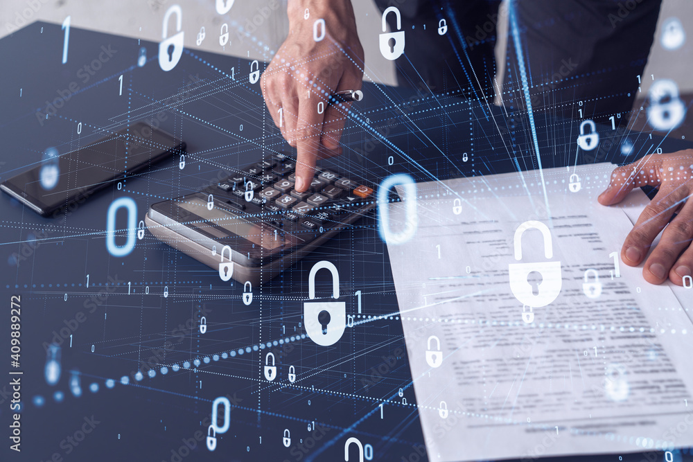 Aufkleber a businessman computing probability of risks in cyber security protection using calculator. padlock 