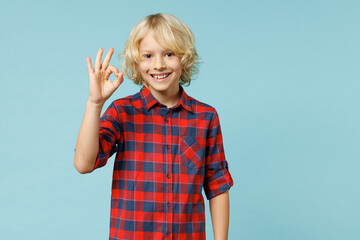 Smiling little curly kid boy 10s years old in basic red checkered shirt showing ok okay gesture...