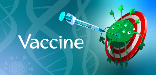Hitting the target, the syringe pierces the virus. Virus character illustration