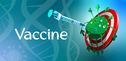 Fototapeta premium Hitting the target, the syringe pierces the virus. Virus character illustration