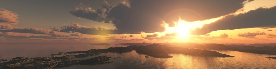 A bay at sunset, an archipelago at sunrise, islands from a height of flight, a bay from a height, a seascape with a bay, 3D rendering