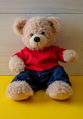 Teddy bear with red tshirt sitting on the floor, child room