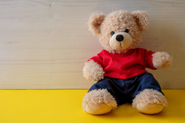 Teddy bear with red tshirt sitting on the floor, child room