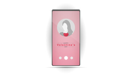 Valentines day background on a smartphone monitor and typography Happy Valentines Day text on white background. Vector illustration. Romantic quote postcard, postcard, invitation, banner template.