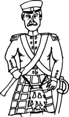 Drawing of the Scottish artillery officer from 19th century in black and white