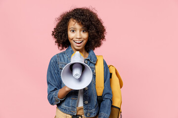 Smiling leader little african american kid school girl 12-13 years old in casual denim clothes with...