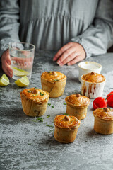 Empada de camarao or empadinha is traditional snack of Brazilian cuisine, small savory pie stuffed with shrimps
