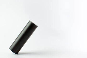 Beauty cosmetic black color on white background isolated, face care cream, dropper, brush on for healthy make up. Product container design bottles. Skin care products on empty background