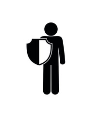 icon man with shield, stick figure isolated pictogram, human silhouette on white background, man protects