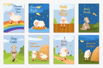 Set of cute fun postcards with sheep, rams and goats. Vector illustration is made in flat style. Posters for wishes. Postcards for love, hospitality, curiosity, dreaminess, confidence and purposefulne