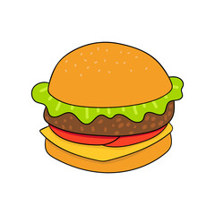 Burger, hamburger, cheeseburger  in cartoon style. Isolated objects on white background. Vector illustration. Good for posters, t shirts, postcards. Design concept for cat cafe menu.