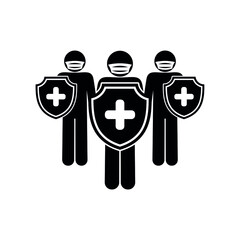 masked people holding shields, virus protection, medical safety icon, stick figure isolated pictogram people