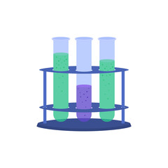 Vector illustration of isolated reagent tubes from the lab on a stand, inside an experiment rack.