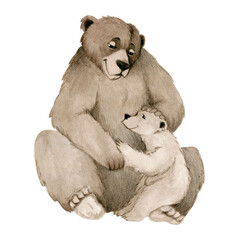 delicate watercolor illustration with a brown bear and a bear cub