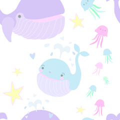 Pattern with whales, sea stars, and hearts. Word Whale Day, World Ocean Day, Happy Valentines Day