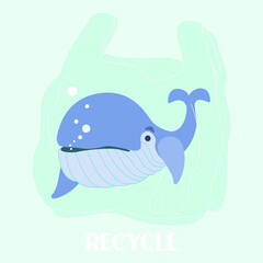 Stop ocean plastic pollution vector illustration. Word Whale Day, World Ocean Day, Earth Day.