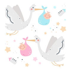 Hand drawn childish set with storks and babies.