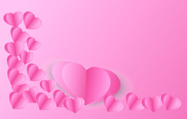 Pink hearts, paper elements in shape of heart flying on pink background. vector symbols of love for Happy Valentine's Day, birthday greeting card design.