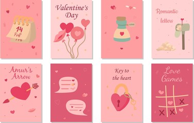 Collection of red, blue, white Valentine's card, sale and other flyer templates with lettering. Typography poster, card, label, banner design set. Vector illustration.
