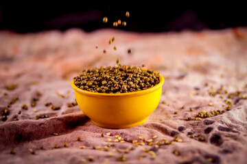 Raw Organic moong bean heap in white Bowl with selective focus on Mung dal (Vigna radiata) aka green gram,Broken Mung Lentils