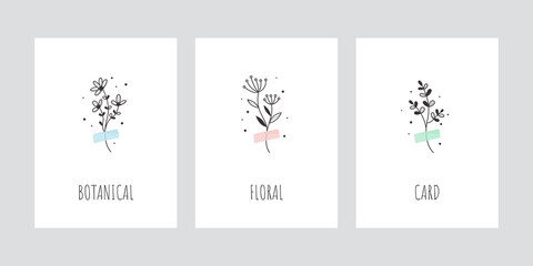 Botanical floral cards with herbal bouquets on scotch tape. Elegant background.