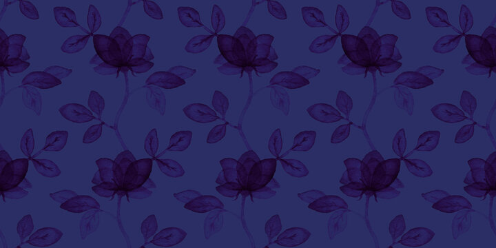 Dark blue floral seamless pattern with simple roses. Repeating background with watercolor flowers.  Hand drawn decor for fabric print or wallpaper.