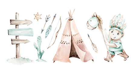 Western baby boy cowboy in cowboy hat on hay bales watercolor illustration. Cartoon sheriff ans American tribes teepee design. Wild West birthday invitation © kris_art