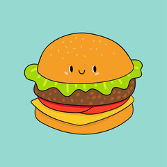 Burger in cartoon style. Cartoon burger with eyes. Isolated objects on white background. Vector illustration. Good for posters, t shirts, postcards. Design concept for cat cafe menu.
