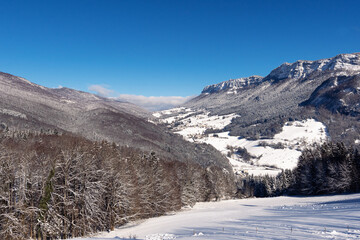 French winter landscapes. Panoramic view of mountain peaks and canyons. Vercors Regional Natural...