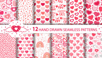 Set of hand drawn seamless patterns with cute red and pink hearts, rainbows, balloons, stars, moon, text. Love collection. Romantic vector doodle illustration for Birthday, Valentine's Day or wedding