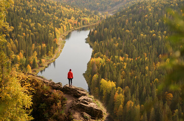 Beautiful Viewpoint on Usva River in Ural Mountains. Woman Standing on the Rock and Looking at the...