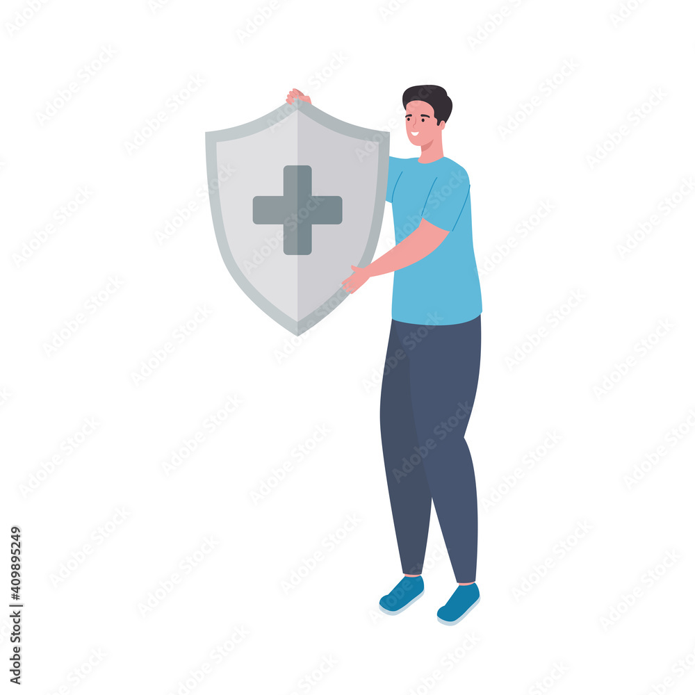 Wall mural man lifting shield with medical cross immune system vector illustration design