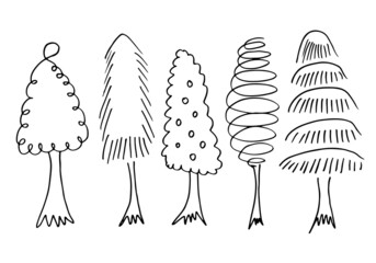 doodle park forest conifer abstract silhouettes outlined trees in black color collection set