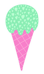 Vector ice cream in waffle cone. Pastel ice cream with many tiny hearts. Hand drawn cartoon doodle food sketch isolated on white background. Lovely vector illustration.